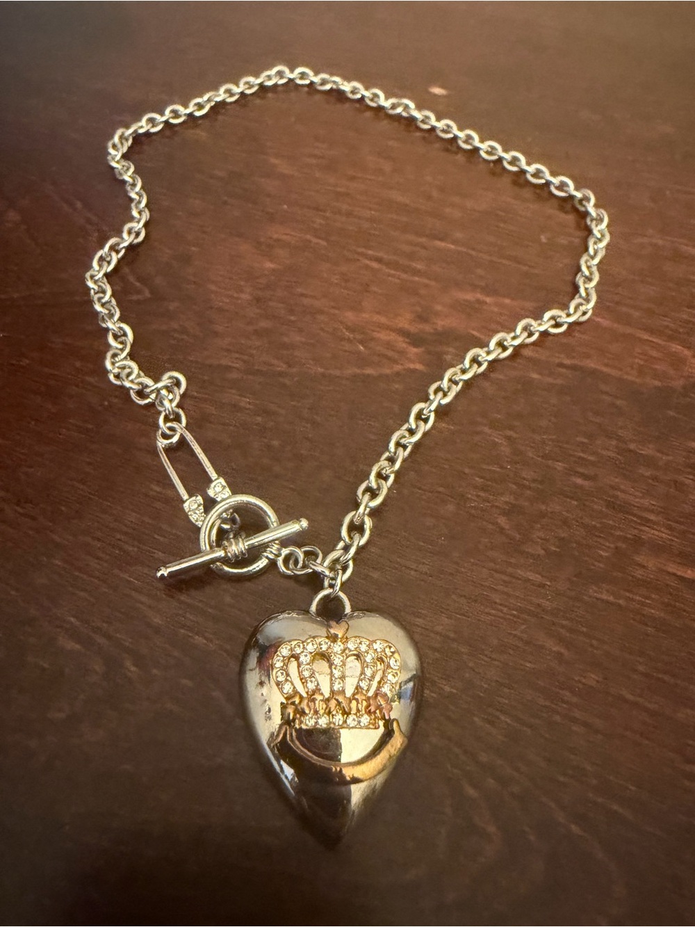 Toggle Necklace with Pavé Puffy Heart Gold Crown Rhinestone Chunky Silver-Tone